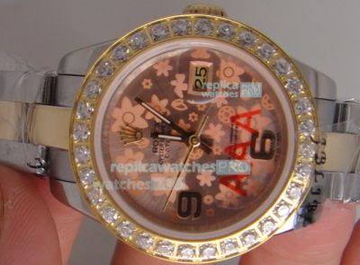 Replica Rolex Datejust Pink Flower Dial Diamond Bezel Watch